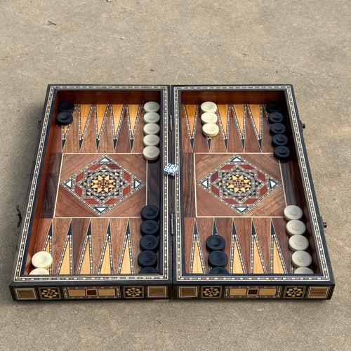 Backgammon Set and Chess Board from Lebanon - Lebanese Tables Board with Wooden Chess Pieces, Personalizable Christmas Gift