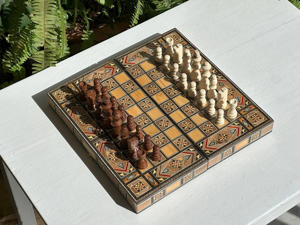 Handmade 12" Chess and Backgammon Set with Genuine Mosaic Wooden Inlays and Mother of Pearl from Lebanon