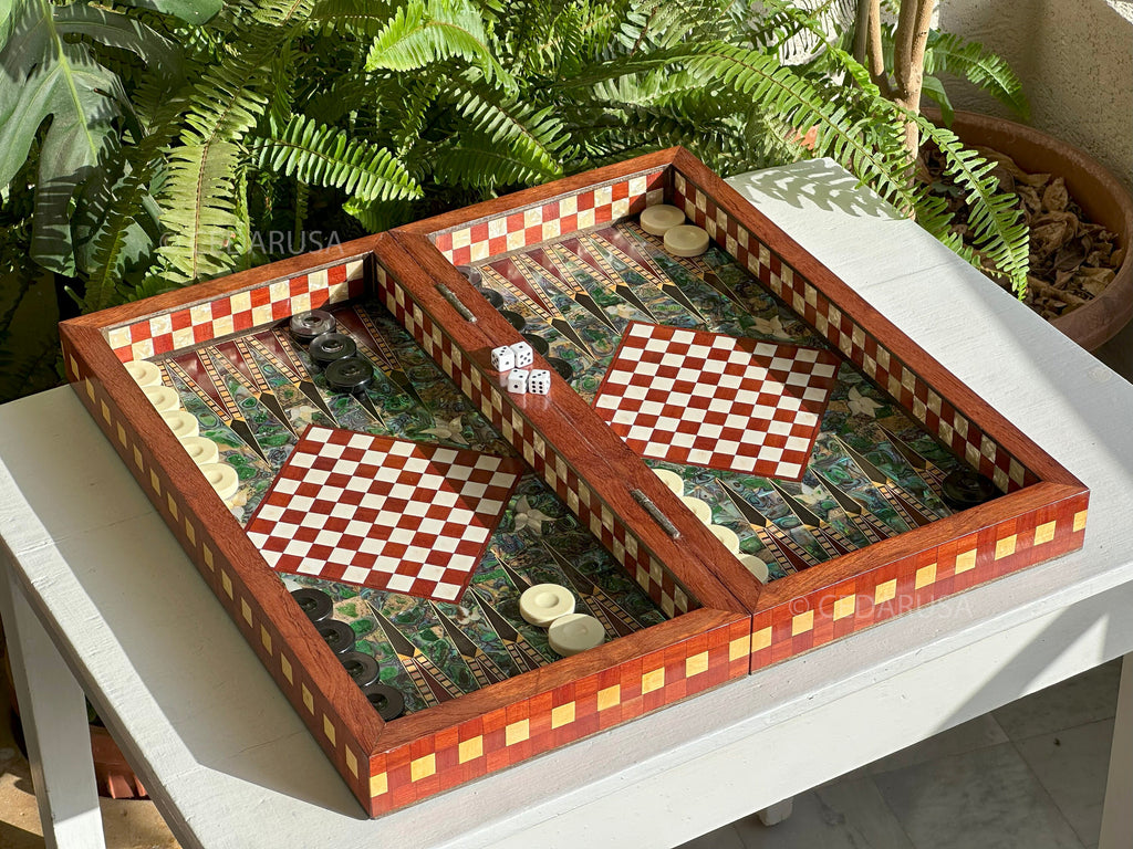 One-of-a-Kind Vintage 20"x20" Chess and Backgammon Board with Mediterranean Pearls