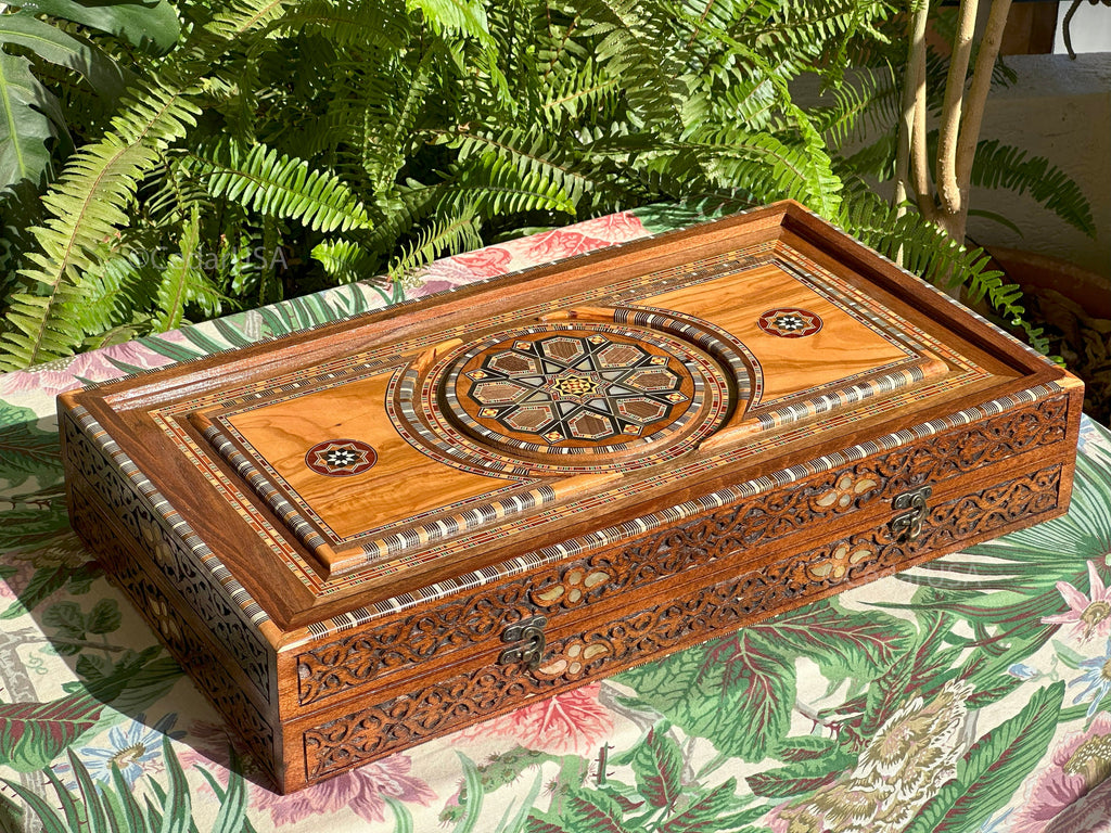 Olive Wood Backgammon Set with Real Pearl Inlays From Lebanon - Handmade Luxurious 21"x21" Large Sized Board