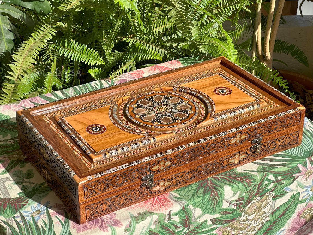 Olive Wood Backgammon Set with Real Pearl Inlays From Lebanon - Handmade Luxurious 21"x21" Large Sized Board