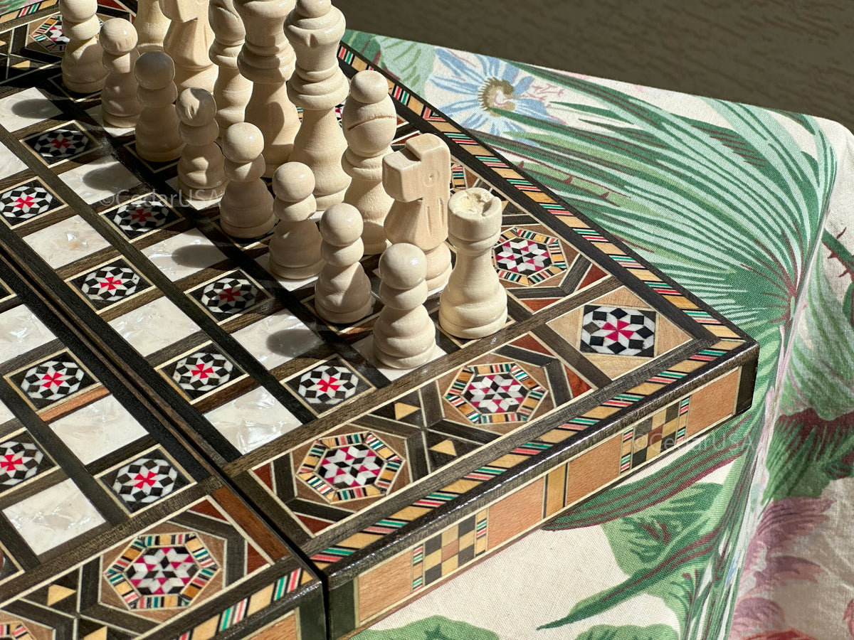 Handcrafted 12"x12" Chess and Backgammon Set with Wooden Inlays and Mother of Pearl