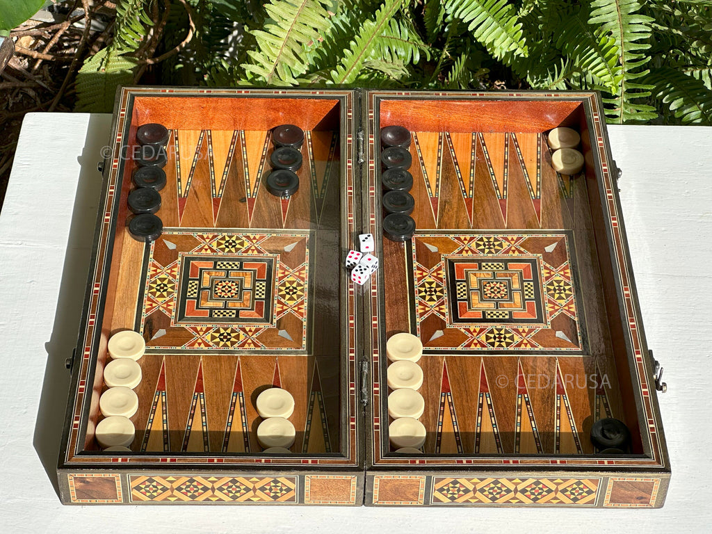 Handcrafted 16" Chess and Backgammon Set with Wooden Inlays and Mother of Pearl