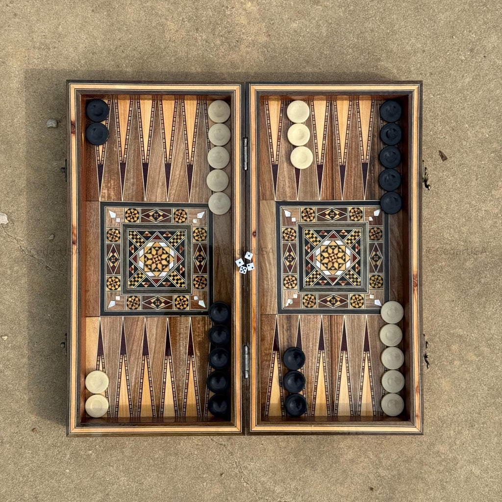Backgammon Set and Chess Board from Lebanon - Lebanese Tables Board with Wooden Chess Pieces, Personalizable Christmas Gift