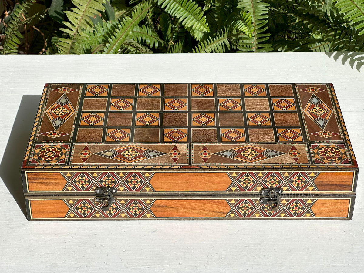 Handcrafted 16" Chess and Backgammon Set with Wooden Inlays and Mother of Pearl