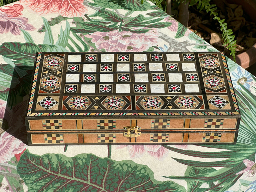 Handcrafted 12"x12" Chess and Backgammon Set with Wooden Inlays and Mother of Pearl