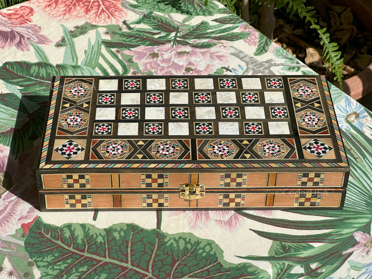 Handcrafted 12"x12" Chess and Backgammon Set with Wooden Inlays and Mother of Pearl