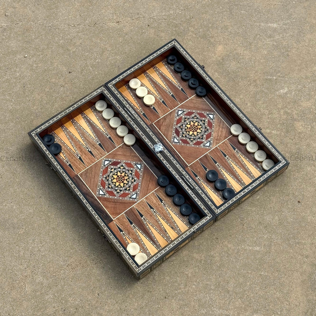 Backgammon Set and Chess Board from Lebanon - Lebanese Tables Board with Wooden Chess Pieces, Personalizable Christmas Gift