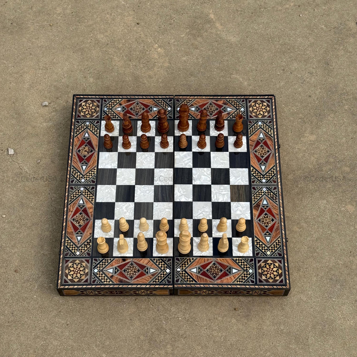 Backgammon Set and Chess Board from Lebanon - Lebanese Tables Board with Wooden Chess Pieces, Personalizable Christmas Gift