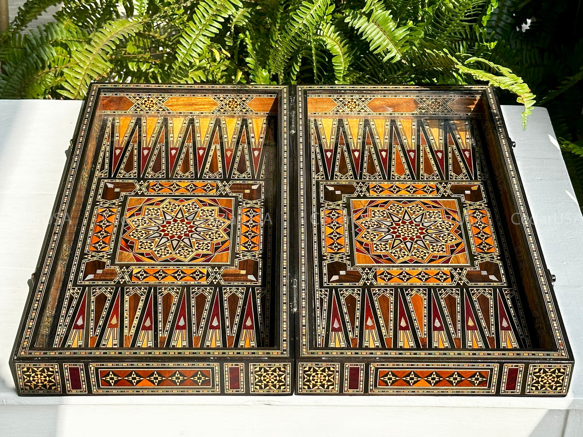 Backgammon Set & Chess Board from Lebanon - Lebanese Handmade Checkers Board Game with Real Pearl Inlays and Real Wooden Inlays