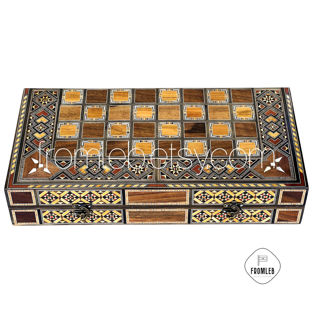 Handmade Backgammon Chess Set: Vintage Pearl Mosaic Inlay from Lebanon