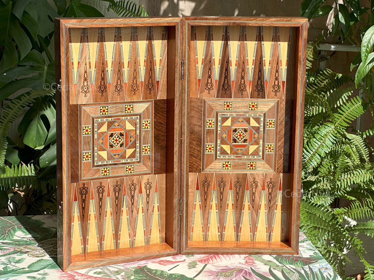 Luxurious 20"x20" Walnut Wood Chess and Backgammon Board with Pearl Inlays