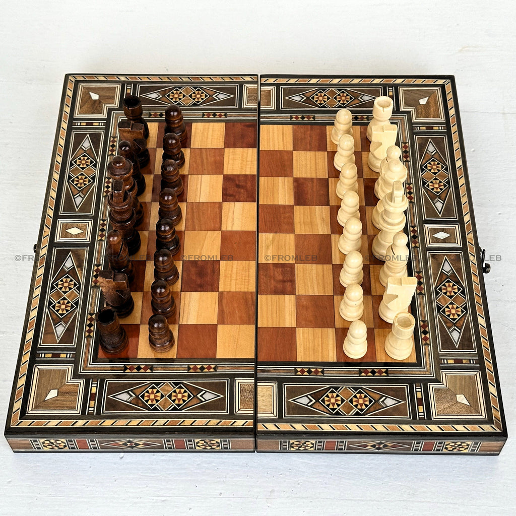 Handmade Backgammon & Chess Set: Wooden Inlays, Mother of Pearl - 12" from Lebanon