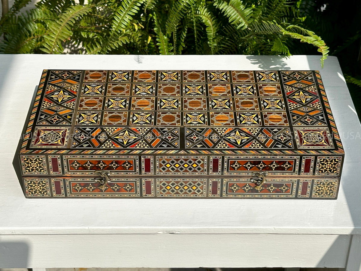 Backgammon Set & Chess Board from Lebanon - Lebanese Handmade Checkers Board Game with Real Pearl Inlays and Real Wooden Inlays