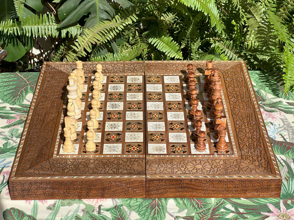 Luxurious 20"x20" Walnut Wood Chess and Backgammon Board with Pearl Inlays