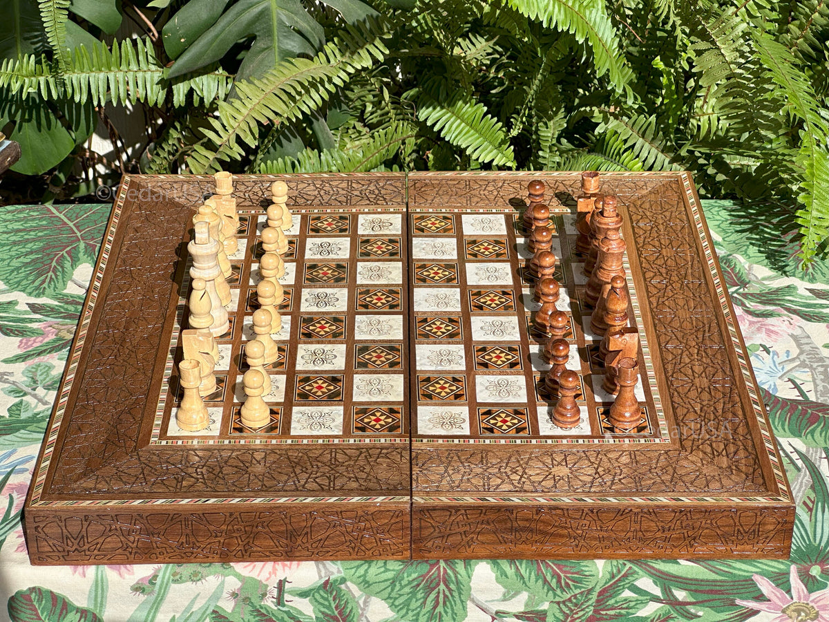 Luxurious 20"x20" Walnut Wood Chess and Backgammon Board with Pearl Inlays
