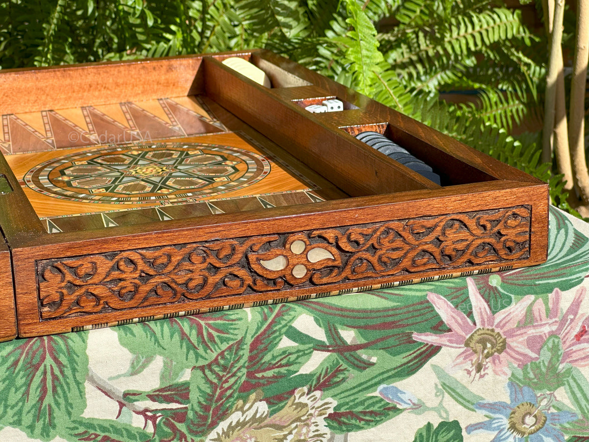 Olive Wood Backgammon Set with Real Pearl Inlays From Lebanon - Handmade Luxurious 21"x21" Large Sized Board