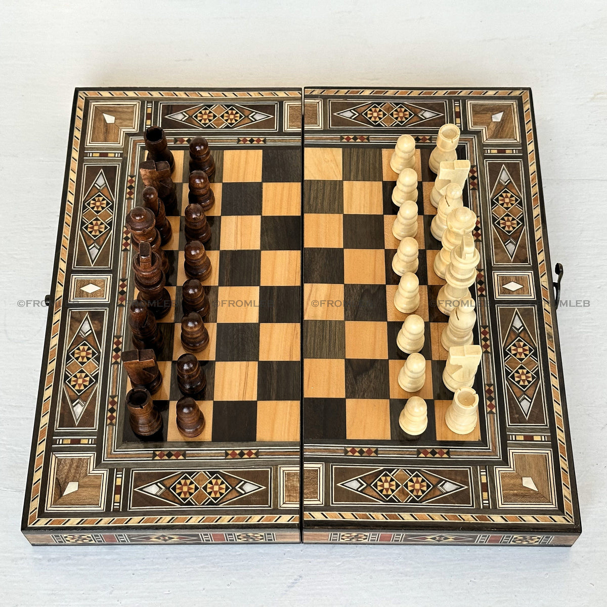 Handmade Backgammon & Chess Set: Wooden Inlays, Mother of Pearl (12 inch) from Lebanon