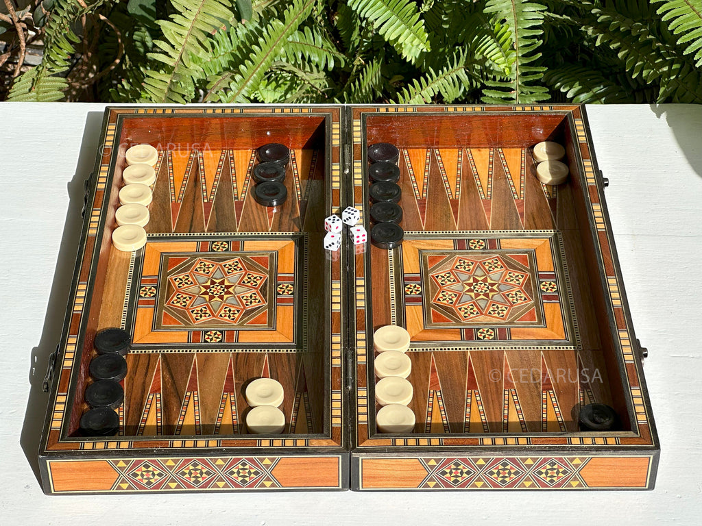 Handcrafted 16" Chess and Backgammon Set with Wooden Inlays and Mother of Pearl