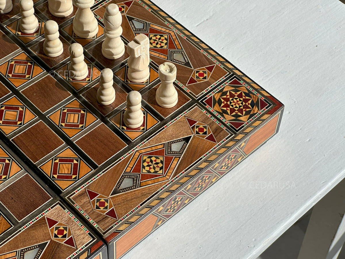 Handcrafted 16" Chess and Backgammon Set with Wooden Inlays and Mother of Pearl