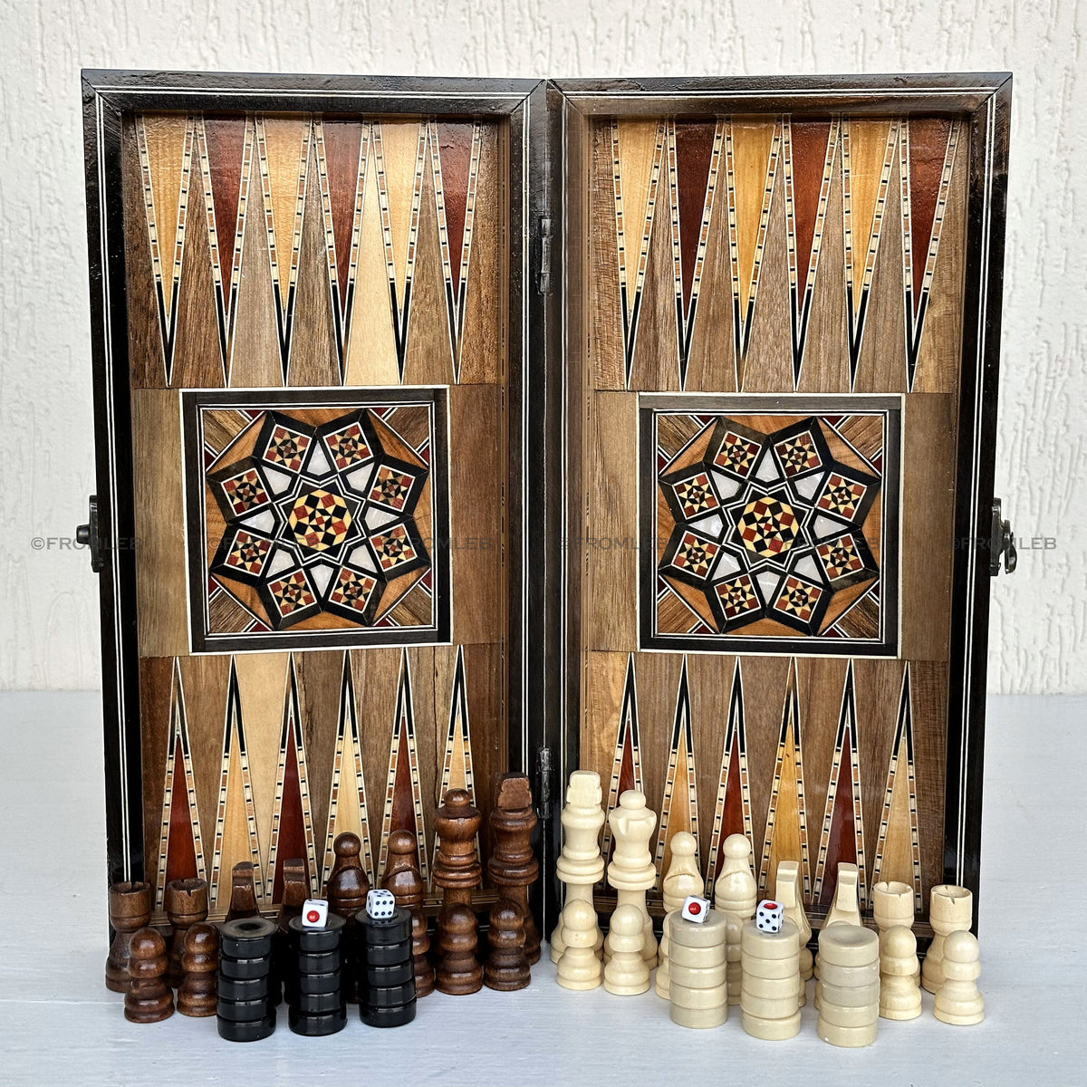 Handmade Backgammon & Chess Set: Wooden Inlays, Mother of Pearl (12 inch) from Lebanon